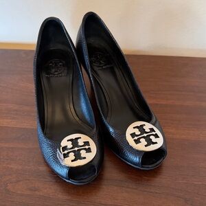Tory Burch Black Peep-Toe Heels with Silver Emblem